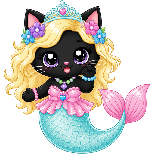 black cat with light yellow hair purple and blue flowers light cyan crown purple and green necklace pink and blue bracelets pink dress attached to long light cyan mermaid tail with white highlights with pink tail fins with white highlights stock illustration cartoon clipart