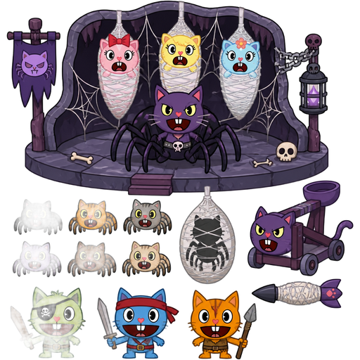 cat drider's lair playset with 3 spider web cocooned female cats 1 cat drider 6 baby cat spiders 1 cat spider cocoon 1 cat spider launcher 1 cat spider web missile 3 cat warriors happy tree friends version