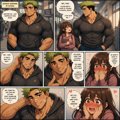 Comic book story about of a Bulky and Beefy and every Muscle is bigger than average and less shredded or muscular with Chunky and Bulky chest and Biceps and his defined abs ANIME Cute Bara Man American 20 year old with a ROUND and BASIC facial structure and Young Adult BARA CUTE that is Peach Toned skin not anything else MALE not to detailed With bigger than average Pecs that are visible through the shirt and Biceps and a big Bandaid on his nose and Left Cheek and Right Eye brow with Scars all over his Chest and arms. Wearing a no piercings Wearing a Hoodie and Jeans under around the waist with and pants pants and drenched in sweat and Short and Green Brown Hair and Bright Light Green fluffy Hair and Strait with brown eyes and black eyebrows with a Three finger Slash on his Eyebrow. With no Facial Hair. Walking with his crush at school she tells him to Flirt with her and he does and she can’t take it