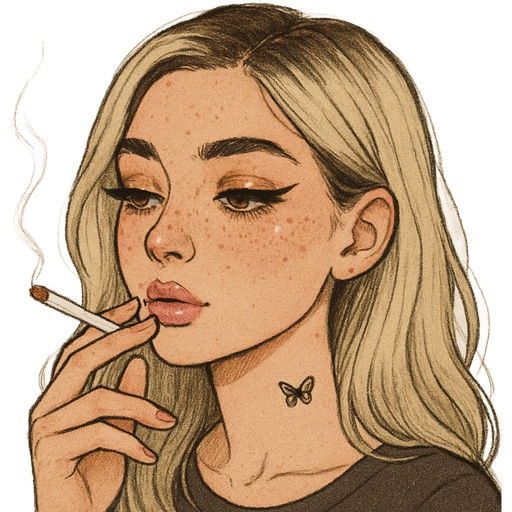 28 year old girl with a very small butterfly tattoo on her throat a bumpy nose high cheek bones with freckles hazel eyes very long lashes winged eyeliner sparkly gold eyeliner and sparky light pink lips very fair skin with long slightly wavy ice blonde hair with dark roots parted to the side smoking