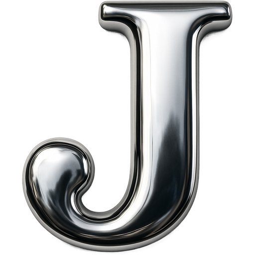 High shine chrome Capital J in serif font. Strong top left light source, medium pillow inflation, high contrast reflection, soft bevel fully rounded