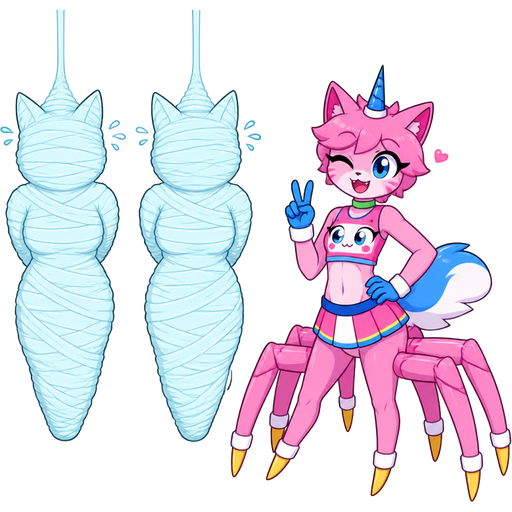 unikitty version wrapped up and mummified fully covered in a #B8FFFF spider slik cocoon shaped like anthro female cat anthro worried arms behind back with #B8FFFF spider slik wrappings completely covered with thick layers non-transparent #B8FFFF spider slik wrappings hanged to the ceiling on the left side next to wrapped up and mummified fully covered in a #B8FFFF spider slik cocoon shaped like anthro female cat anthro worried arms behind back with #B8FFFF spider slik wrappings completely covered with thick layers non-transparent #B8FFFF spider slik wrappings hanged to the ceiling the left side next to happy anthro femboy pink cat drider with blue and white tail white wrists blue hands white ankles yellow tips on spider legs green collar blue unicorn horn wearing femboy clothing based on unikitty