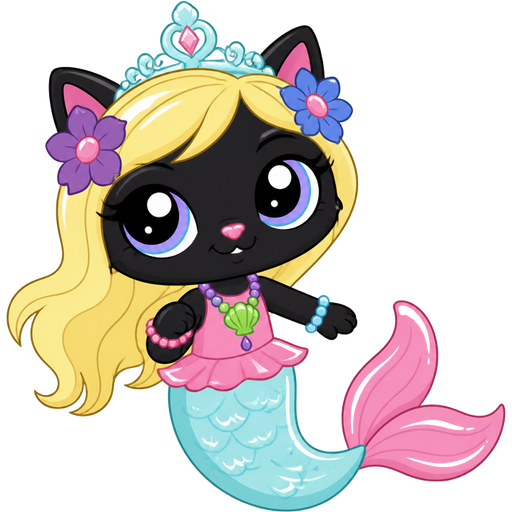 black cat with light yellow hair purple and blue flowers light cyan crown purple and green necklace pink and blue bracelets pink dress attached to long light cyan mermaid tail with white highlights with pink tail fins with white highlights (Hasbro brand new littlest pet shop tv series)