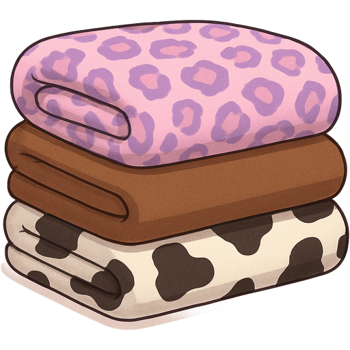ghibli style | stack of blankets | one taffy pink and lavender leopard blanket | one brown blanket | one cow print blanket