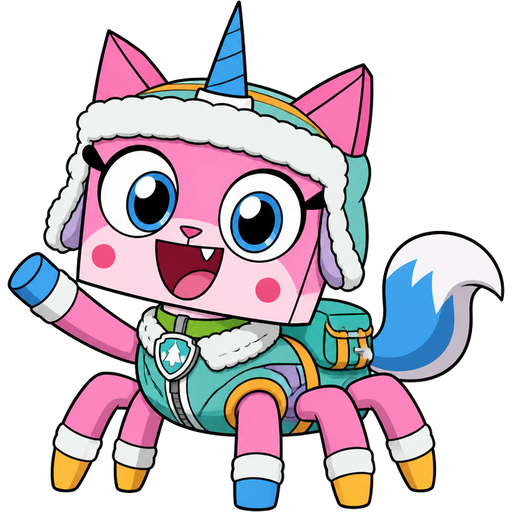 happy pink cat with blue and white tail white wrists blue hands white ankles yellow tips on spider legs green collar blue unicorn horn based on unikitty wearing everest's hat and everest's clothing with everest's backpack