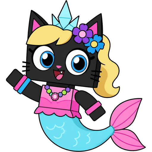 black cat with light yellow hair purple and blue flowers light cyan crown purple and green necklace pink and blue bracelets pink dress attached to long light cyan mermaid tail with pink fins based on unikitty