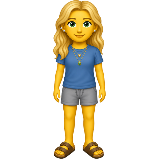 blonde hair wavy, double pierced ears. One ear has two earrings. The other has one, two necklaces green eyes, blue T-shirt grey shorts, Birkenstock