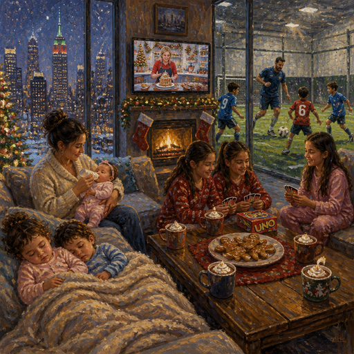 give me a mom feeding her baby some milk while Dad is inside the indoor soccer field and the six-year-old brother is playing soccer with the Dad and the nine year-old brothers playing soccer too and the two 10 year-old twin sisters are playing Uno with the five old sister and they all have hot chocolate and there’s a plate of gingerbread cookies on the coffee table and they are on the living room and they are all watching a Christmas baking show and the toddler girl in the toddler boy are sleeping on the couch with a blanket over them and they are at New York City during the Christmas time with the snowy view