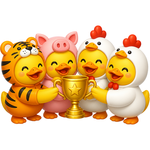 Four cute rubber ducks, one dressed as a cute tiger, one dressed as cute pig, two dressed as cute chickens smiling and sharing one trophy