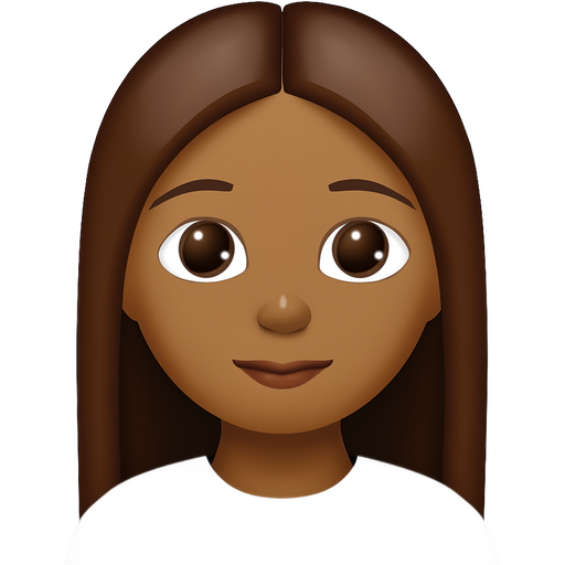 A brown haired girl with long slightly straight hair and a middle part with a white top and medium olive skin and brown eyes