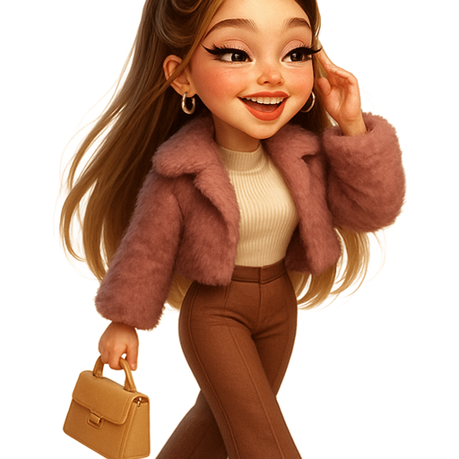 semi-realistic soft cartoon luxury glam, mini plush Bratz-doll aesthetic, cinematic glow, crisp clean detail, glossy glam skin. brown eyed skinny Petite girl, fair skin with soft freckles, wide face with tall forehead, honey-brown almond wide-set upturned eyes, fluttery lashes, shimmer highlight, plush lips, bottom heavy lip, sweet Belle-princess vibe, long straight brunette hair with visible blonde highlights, softly defined feminine body, soft hourglass shape with full round bust, muted mauve cropped fur jacket (open), cream ribbed turtleneck tank, warm cocoa tailored wide-leg pants, thin gold hoops, warm beige structured handbag. hair: half-up sleek with tiny gold butterfly clips, warm pink cheeks, soft winged liner, glossy peach lips, nails milky white short almond, running fingers through hair, laughing mid-step. full body showing. Cozy romantic glow, soft warm lighting, pop-princess energy