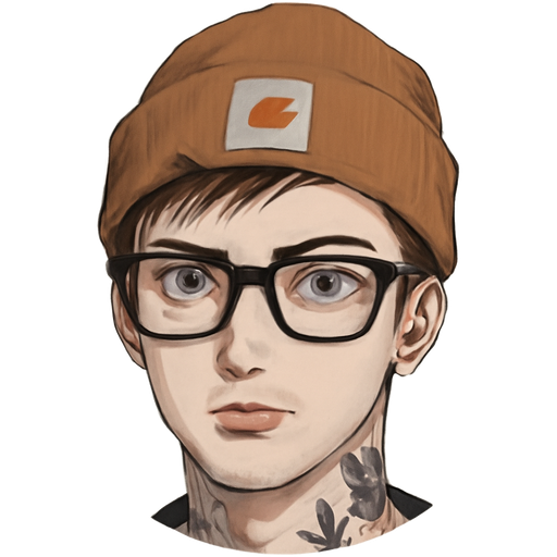 White guy short messy brown faux hawk carhartt beanie full lips tattoos rayban eyeglasses mole on uppper lip