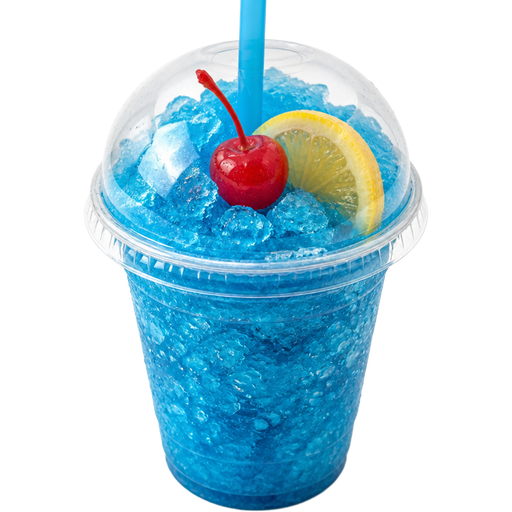 Blue Lagoon Shaved Ice Slushie in a Plastic Cup and Plastic Dome Lid with a Straw Mixed in with Extra Syrup Mixed with a Cherry and a Sliced Lemon on Top