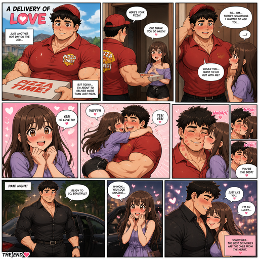 A Full page Anime Comic book story about of a Bulky and less shredded or muscular ANIME CUTE Bara American 20 year old with a ROUND and BASIC facial structure and Young Adult BARA that is Peach Toned skin not anything else MALE not to detailed With bigger than average Pecs that are visible through the shirt and Chunky, beefy and Bulky Biceps and biceps. Wearing a BaggylPizza Delivery and drenched in sweat and Short and Black fluffy hair and Strait with brown eyes and black eyebrows and with a slim waist not broad shoulders. With no Facial Hair. As Pizza delivery guy with HUGE Arms delivery to his crush and she says thank you and he says want to go out she says yes and jumps in his arms and he says yes. And she kisses him repeatedly on the cheek and leaves marks. And when he picks her up for the date he Wears a Hot and Dreamy nice clothes that makes her Blush