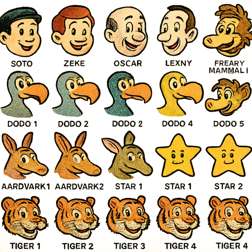 Soto, Zeke, Oscar, Lenny, Freaky Mammal 1, Freaky Mammal 2, Dodo 1, Dodo 2, Dodo 3, Dodo 4, Dodo 5, Glypto 1, Glypto 2, Aardvark 1, Aardvark 2, Aardvark 3, Start 1, Start 2, Tiger 1, Tiger 2, Tiger 3, Tiger 4