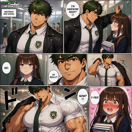 A Full page Anime Comic book story of a masculine and Bulky ANIME Cute Bara Man Who looks Normal and American 20 year old with a round facial Structure and Basic facial structure With Above average Pecs that are visible through the shirt and Biceps and Bandaid on his nose. Wearing a school uniform and Logo on it Leather jacket over and Pants and Dark Green Hair and Black Roots and Strait with brown eyes. At a School and flirting with a student at her locker and saying I’m handsome right makes her blush. And Making a Warm, cute and hot smile. She says no with a strait face. Then he takes off his jacket and puts it around his shoulder and all his muscles popping out of his shirt in his mouth then she says yes.