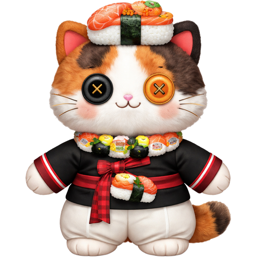 A black and red jeogori and a white baji with a sushi themed hat and a cute sushi themed collar with a calico themed cat plushie with buttons for eyes