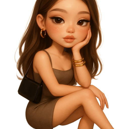 soft airbrushed glam, mini plush Bratz-doll aesthetic, cinematic glow, crisp clean detail, glossy soft skin. brown eyed skinny Petite girl, fair skin with soft freckles, wide face with tall forehead, honey-brown almond wide-set upturned eyes, fluttery lashes, shimmer highlight, plush lips, bottom heavy lip, sweet Belle-princess vibe, medium-long brunette hair with visible caramel highlights. softly defined feminine body, soft hourglass shape with full round bust, wearing a muted mushroom brown mini dress paired with black circle pattern designed stilettos. layered gold bracelets, thick gold hoop earrings. brown smokey liner. black shoulder bag. hair with middle part, soft wavy layers. sleek almond nails. peachy-pink blush with shimmer highlight, glossy lips. one leg crossed over the other with hand on cheek arm bent pose sitting on stairs. full body side view. Cozy romantic glow, soft warm lighting, pop-princess energy