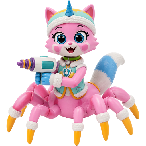 happy anthro furry pink cat drider with blue and white tail white wrists blue paws white ankles yellow tips on spider legs green collar blue unicorn horn based on unikitty wearing everest's hat and clothing holding a freeze ray gun figure toy
