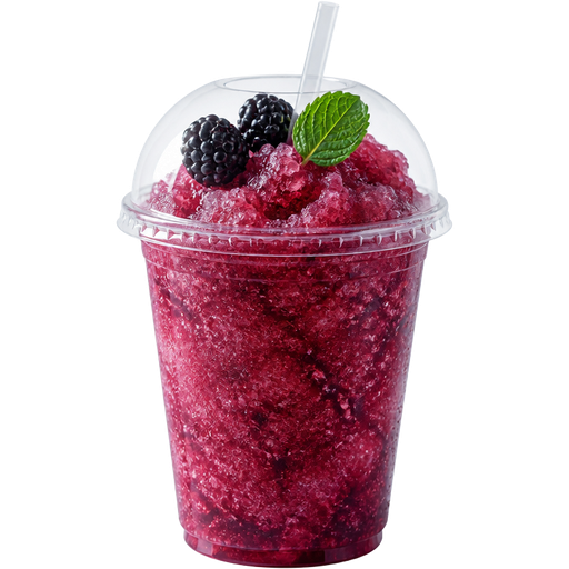 Raspberry Iced Tea Shaved Ice Slushie in a Plastic Cup and Plastic Dome Lid with a Straw Mixed in with Extra Syrup and it’s Reddish Purple with Two Blackberries and a Mint Leaf on Top