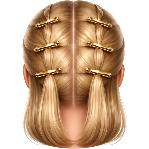 Ultra-realistic high-resolution emoji-style sticker of the back view of a head with perfectly sectioned blonde hair, divided into clean, precise grid-like partings. Each section is neatly secured with sleek metallic gold hair clips. Smooth, glossy blonde strands with subtle dimension and shine, showing professional salon precision. Gold clips catching the light against the soft blonde tones. Luxury, spa-inspired aesthetic with crisp edges, sharp focus, and studio lighting