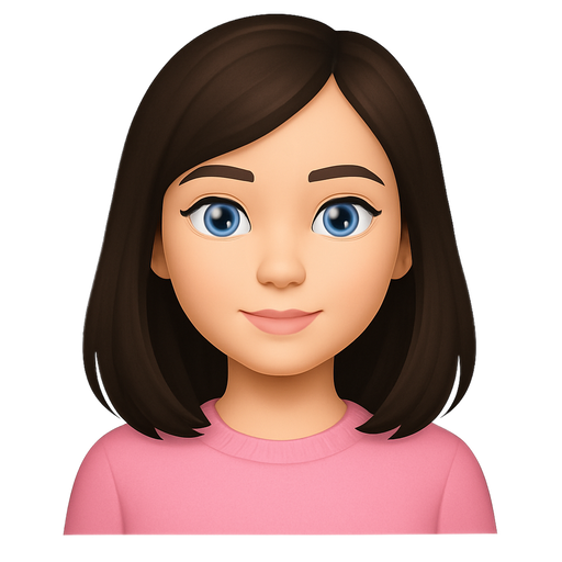 Pretty girl with dark brown straight/slightly wavy hair just below shoulders, blue eyes, light skin, light pink sweater
