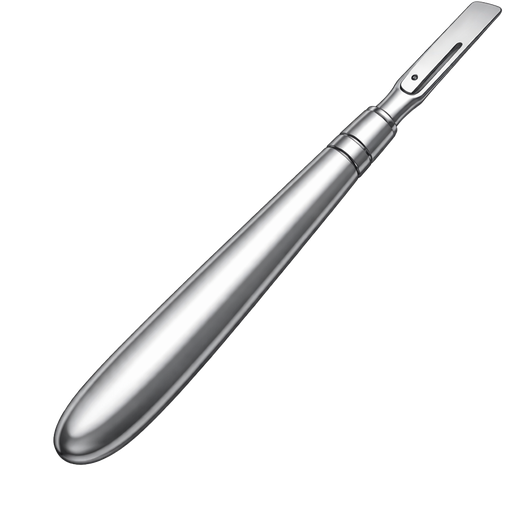 realistic, high-quality illustration of a professional dermaplaning tool with a sleek, polished silver metal handle and a precise, fine blade attached at an angle. The handle is slim, ergonomic, and metallic with a smooth, reflective finish, giving a luxury clinical aesthetic. The blade is sharp-looking but clean and minimal, with accurate proportions and subtle detailing where it connects to the handle.
