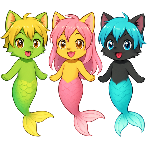 Male green anthro cat happy with yellow hair with long yellow and white mermaid tail with light yellow fins Male yellow anthro cat happy with pink hair with long pink and white mermaid tail with light pink fins Male black anthro cat happy with cyan hair with long cyan and white mermaid tail with light cyan fins jewelpet style artistic creation, beautiful art