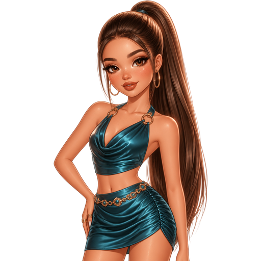 semi-realistic soft cartoon luxury glam, mini plush Bratz-doll aesthetic, cinematic glow, crisp clean detail, glossy glam skin. brown eyed Petite 5ft girl, fair skin with soft freckles, wide face with tall forehead, honey-brown almond wide-set upturned eyes, fluttery lashes, shimmer highlight, plush lips, bottom heavy lip, sweet Belle-princess vibe, long straight brunette hair with visible caramel highlights, wearing a jewel-toned turquoise draped halter top with gold ring hardware, a matching silky mini skirt with soft side gathers and a jeweled waistband, gold hoops, hair in a super long sleek ponytail with volume, makeup with bronze-gold shimmer, elongated liner, warm contour, and a glossy caramel-nude lip, posing with confident princess energy and a calm bold smile