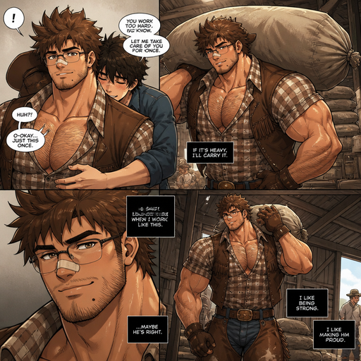 A REALISTIC AND LIFELIKE ANIME Comic Book story view of a Bulky but Muscular ANIME Cute Bara Man With Peach toned skin Who looks Normal and a HUGE and MASCULINE facial structure With Puffy and Big Pecs that are visible through the shirt and Biceps and Bandaid on his nose and Brown Spiky hair and His Hair Curls At the tip of strands. Wearing a Cowboy Outfit with glasses, and Looks Really cute in it and Likes his Hairy body. His crush hugs him, and He Carries heavy stuff that makes him look attractive and Hot.