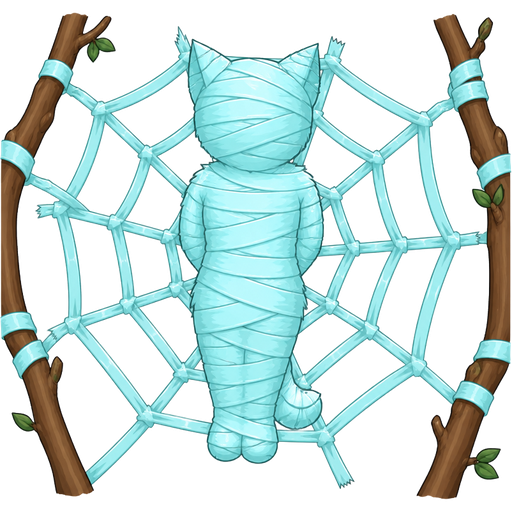 #B8FFFF duct tape mummy-like-cocoon furry cat anthro entombed wrapped up and mummified fully covered in a #B8FFFF duct tape cocoon shaped like furry cat anthro with arms behind back with #B8FFFF duct tape wrappings completely covered with thick layers non-transparent #B8FFFF duct tape wrappings #B8FFFF on a giant spider web made of #B8FFFF duct tape between two branches (pet society game room decoration)
