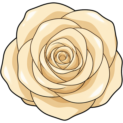 ghibli style | single beige rose | birds eye view + straight and center | no leaves | ghibli style | vector-cartoon | glossy cel-shading | bold smooth black outlines