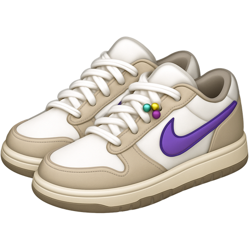 White and khaki Nike sneakers with a purple logo and white laces. Near the laces there is a small embellishment of metallic green purple and gold beads