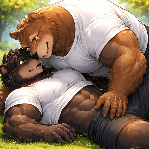 A Full BODY and FACE of Muscular and Buff and a Gigantically Muscular with Chunky Gigantic Pecs AND biceps and a BIGGER head with the Perfect Waist. VERY Masculine and handsome ANIME Animated Bara Furry Black Bear with a VERY Good-looking, Detailed and Mature Face and brown eyes with a wrestler type body. Wearing a white Baggy short Shirt. with his buff and Gigantically Muscular handsome and Masculine Grizzly Bear Crush wearing a Tight White Shirt Falling on top of him. At a Park. On accident and Leaning over and messaging his side and Hugging. Looking at each other. Snuggling
