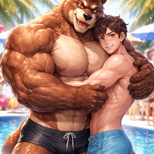 A Full BODY and FACE of a Muscular and Buff and a Gigantically Muscular with Chunky Gigantic Pecs AND biceps and a BIGGER head with the Perfect Waist. VERY Masculine and handsome Anime Bara Furry Grizzly Bear with a Very Good-looking and Mature Face and brown eyes with a wrestler type body. Dressed in a normal sized Swimsuit. At a pool party. With his Human Boyfriend. Hugging him