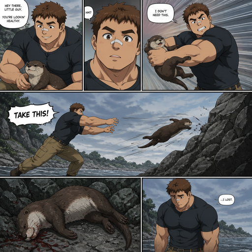 A DETAILED AND LIFELIKE ANIME Comic Book story view of a Bulky but Muscular ANIME Cute Bara Man With Peach toned skin Who looks Normal aind round facial Structure and Basic facial structure With Puffy and Big Pecs that are visible through the shirt and Biceps and Bandaid on his nose and Brown short hair. Wearing normal clothes. And A Healthy otter and then he fiercely throws it at a rock. And it lays there on its side, and He looses