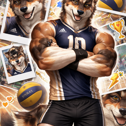 A Full Body and Facial Wallpaper of a Hunky and Chunky a Very Hot and Handsome German Shepard mixed with a Australian Shepard bara furry who is a Volleyball College player and Extremely muscular but not to muscular and Extremely Masculine and Handsome and Ginormous Arms and a Rounded Pecs very Short Strait Hair but tall and a little bit lean. Wearing Tight Adidas Volleyball Jersey that is short at the waist with Armbands. Crossing his Arms