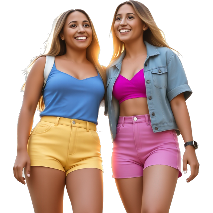 "Two best friends in vibrant outfits, sun-kissed vibes, urban setting, sharing laughter, warm tones, stylish sneakers, aesthetic glow."