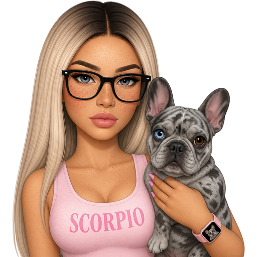 35 year old baddie with thin pink lips a slight bumpy nose slim face high cheek bones with alot of freckles across the nose almond shaped gray colored eyes lashes nose stud fair skin with freckles across nose with long straight icy ash blonde hair and dark roots parted in the middle serious and black glasses wearing a light pink tank top that says SCORPIO with pink color nails and pink Applewatch that has a picture of a gray merle french bulldog that has one blue eye and one brown eye