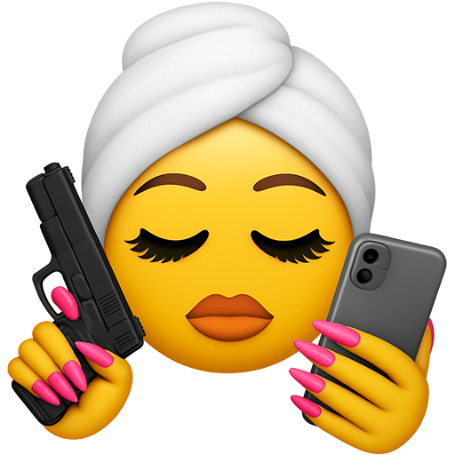 Emoji face with long eyelashes, closed eyes, long fake pink nails, towel around head, gun, and iPhone