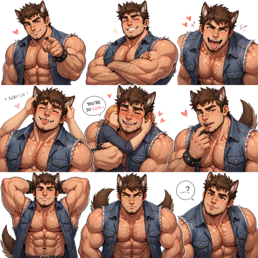 An Anime comic book of a Bulky and Slim and Small Waist and Huge Biceps but Muscular and more Muscle than Fat ANIME Cute Bara Man with Peach toned skin Who looks Normal and American with a round facial Structure and Basic facial structure With Puffy and Big Pecs that are visible through the shirt and Biceps and Bandaid on his nose and is Hot and Cute. And he has anthropomorphic features like a Dog tail and Ears and Teeth and more body hair and a little bit more Hair on his head and has claws and no human ears and more hair on his head but still short and can change eyes from human to wolf when he flirts and gets excited and sometimes will act like an adorable dumb wolf, and sometime acts attractive Hot and dreamy and licks a Fang. Dressed in sleeveless Jean Jacket and ripped sleeves and nothing under and jeans and is a Complete bad boy and looks Hot and Dreamy has an Attractive smile that makes him irresistible and he melts with satisfaction after you scratch the back of his ears and you hug him and you also like to grab his cheeks and tell him he’s cute