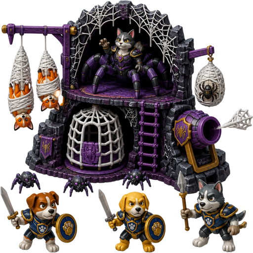 cat drider's lair playset with 2 spider web cocooned fox victims 1 cat drider 3 baby spiders 1 spider cocoon spider web cocoon prison with clip to place your figures 1 spider launcher 1 spider web missile 3 dog warriors