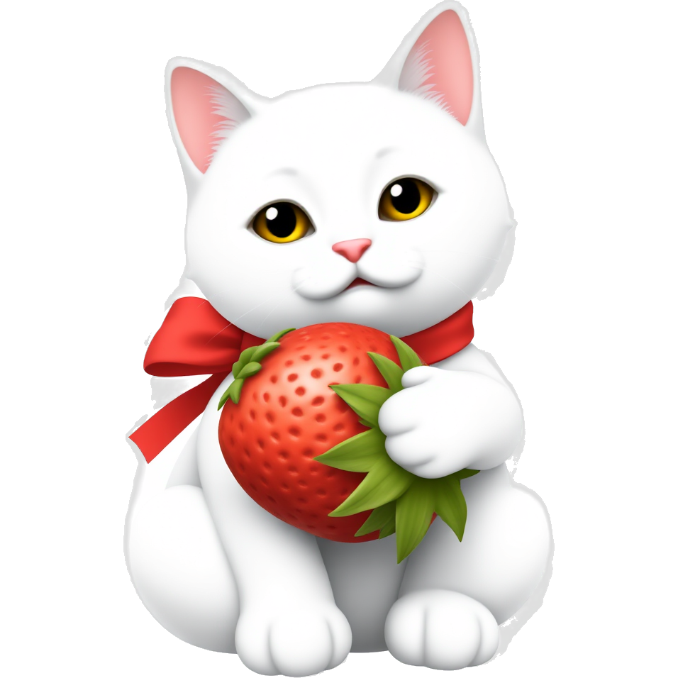 A white cat with a red bow around its neck hugs a big strawberry