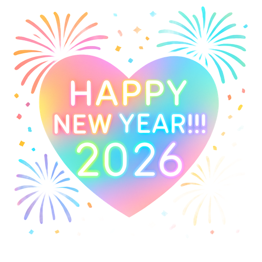 A pastel rainbow heart that says”HAPPY NEW YEAR!!! 2026”in bright rainbow lights With fireworks all around the heart and confetti on it