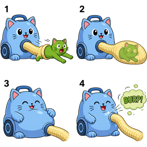 Light blue cat vacuum hybrid non-transparent Light yellow flexible hose non-transparent Light yellow flexible hose vacuums a green cat 1 non-transparent Light yellow flexible hose a non-transparent Light yellow flexible hose bulging non-transparent Light yellow flexible hose visibly bulging with the cat's form 2 Light blue cat vacuum hybrid non-transparent Light yellow flexible hose with full belly 3
4 Light blue cat vacuum hybrid non-transparent Light yellow flexible hose burps