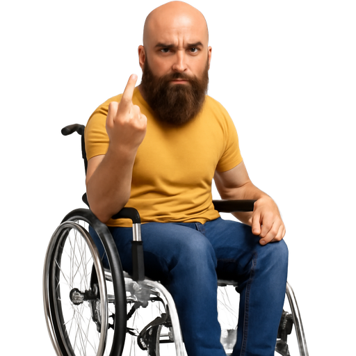 A bald man with a long brown beard and mustache in a wheelchair flicking you off