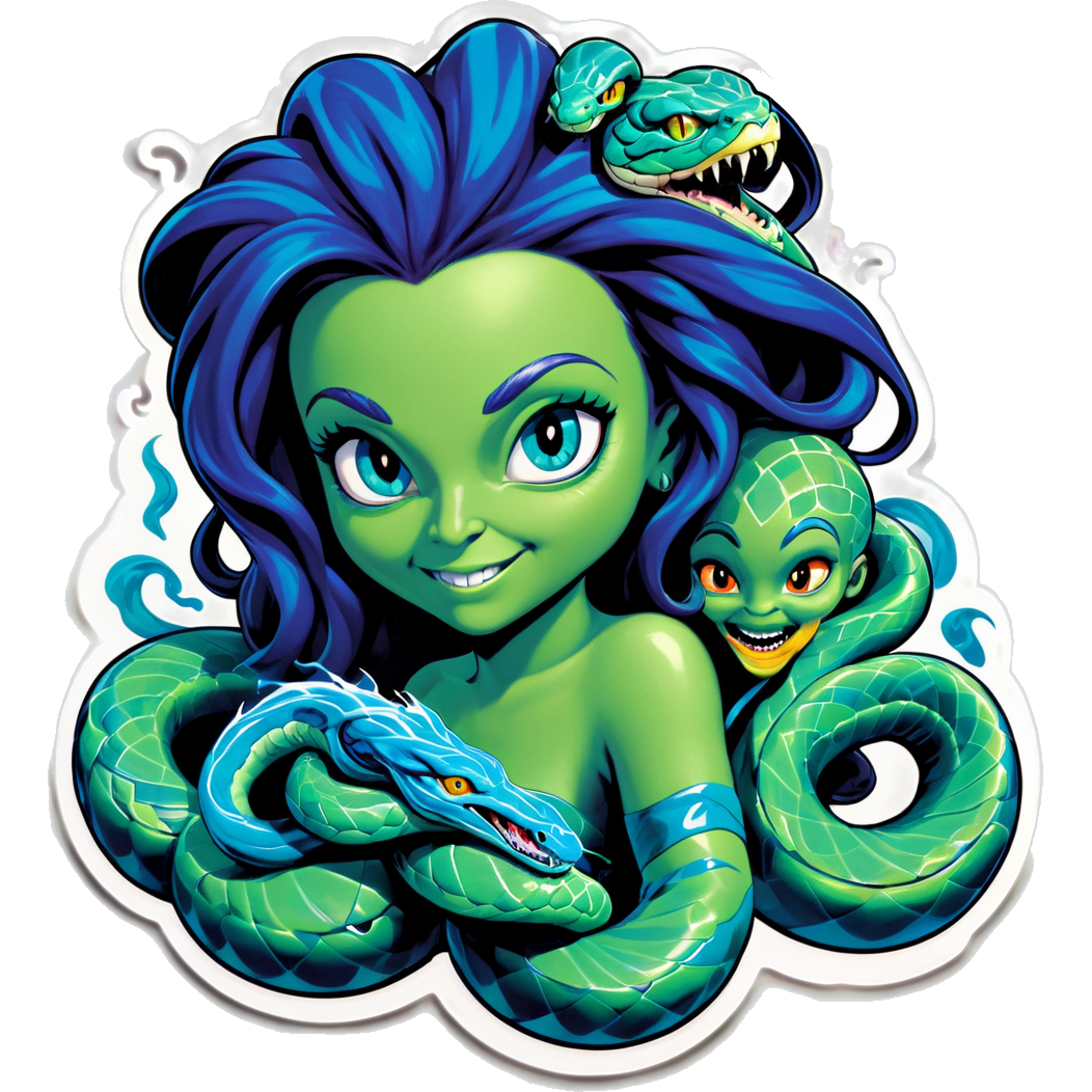 Female Medusa green snakes for hair & male hades blue flames for hair as a couple holding there 2 year old son