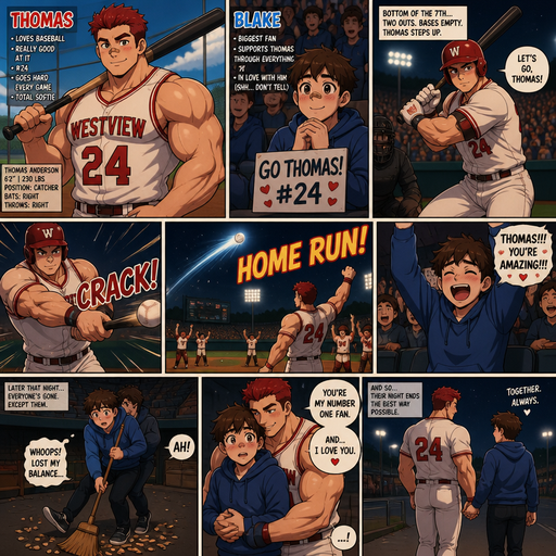 A Comic book story of a Bulky and muscular ANIME Cute Bara Man Who looks Normal and American with a round facial Structure and Basic facial structure With Big Pecs and Biceps and Bandaid on his nose. Wearing a Basketball Jersey and Shorts with Scarlet hair And his name is Thomas loves Baseball and is really good at it. and then there is Blake he is a school fan of the baseball team and is in love with Thomas and his number one fan. Thomas comes out onto the plate and patterns up and hits a home run. Blake starts cheering really loudly for Thomas. Everyone goes home that night except for Blake and Thomas. Blake is sweeping up, peanuts off the floor and fails to hands around his waist. And there Thomas’s and then he says to Blake you’re my number one fan and I love you, and then Kisses him on the cheek. And they walk together holding hands