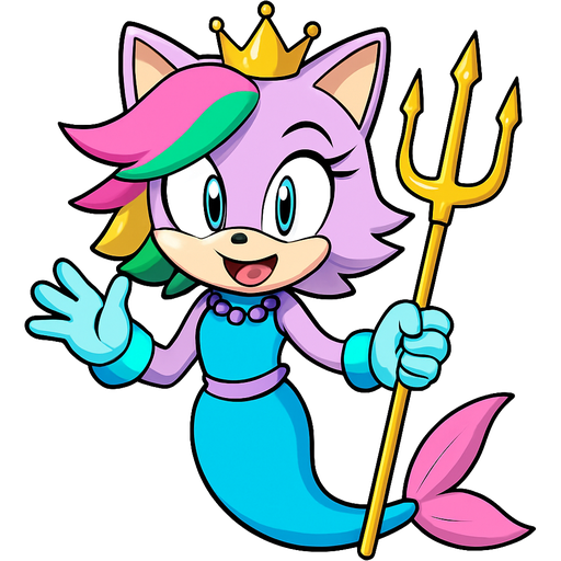sonic x style version light purple anthro cat smiling with pink and green and yellow hair blue green eyes golden crown with light purple necklace light cyan braclets cyan and blue dress with pink skirt attached to cyan mermaid tail with pink tail fins pink and cyan gloves holding a golden trident sonic x style version