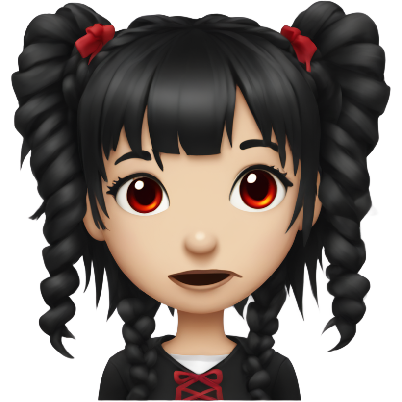 Girl, vampire, black hair, medium long messy pig tails with micro bangs, emo, african american skin, cute, red eyes, fangs, sharp teeth